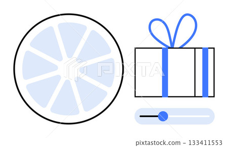 Citrus wheel, gift box with blue ribbon, and a slider control. Ideal for technology, gift-giving, food, holidays, minimalism presentations interface design. Line metaphor 133411553