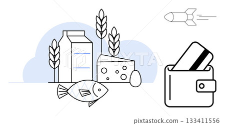 Groceries, wallet with credit card, and rocket. Ideal for online shopping, e-commerce, grocery delivery, financial services, digital payments food industry speed. Line metaphor Groceries, wallet with credit card, and rocket. Ideal for online shopping, e-commerce, grocery delivery, financial services, digital payments food industry speed. Line metaphor 133411556