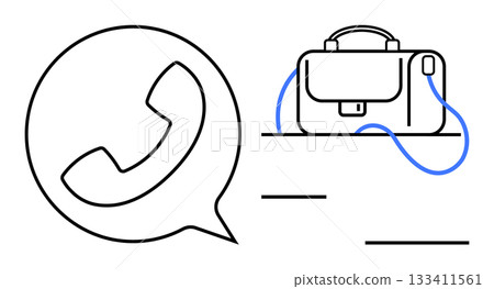 Phone handset inside speech bubble next to a briefcase with blue highlights. Ideal for business, communication, corporate, office work, professional networking, and telecommunication themes. Line 133411561
