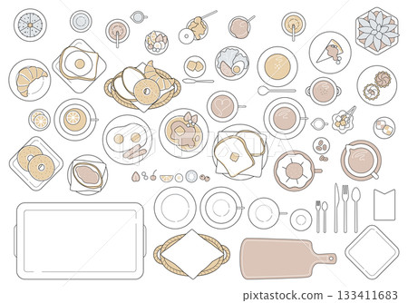 Adult minimalist breakfast cafe overhead view set (pancakes, toast, coffee, tableware, cutlery vector material) Adult minimalist breakfast cafe overhead view set (pancakes, toast, coffee, tableware, cutlery vector material) 133411683