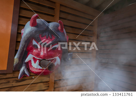 Ujigami guardian god spray steam from tube at Kamado Jigoku, Beppu Ujigami guardian god spray steam from tube at Kamado Jigoku, Beppu 133411761