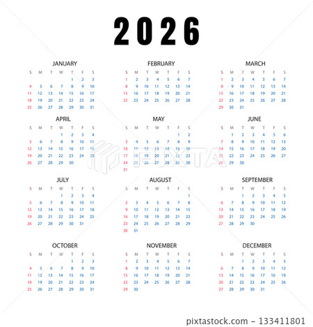 Minimalist vector illustration of the 2026 calendar 133411801
