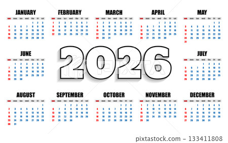 Calendar 2026 template with all months on white background 133411808