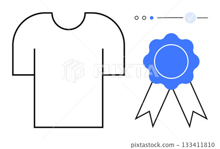 T-shirt outline with a blue quality certification badge and a rating scale. Ideal for product quality, apparel design, certifications, awards, branding, customer satisfaction, online reviews. Line T-shirt outline with a blue quality certification badge and a rating scale. Ideal for product quality, apparel design, certifications, awards, branding, customer satisfaction, online reviews. Line 133411810