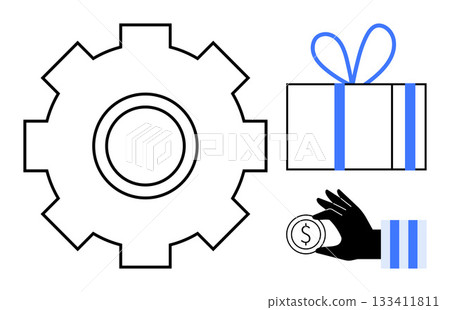 Gear, gift box with blue bow, and hand holding a coin. Ideal for business processes, rewards, innovation, teamwork, productivity technology and investment. Line metaphor Gear, gift box with blue bow, and hand holding a coin. Ideal for business processes, rewards, innovation, teamwork, productivity technology and investment. Line metaphor 133411811