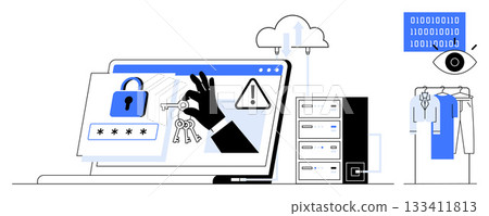 Laptop displaying secure login elements, warning, and key symbol with data center, cloud, and surveillance in background. Ideal for cybersecurity, data protection, tech education, software Laptop displaying secure login elements, warning, and key symbol with data center, cloud, and surveillance in background. Ideal for cybersecurity, data protection, tech education, software 133411813