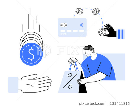 Coins falling into a hand, credit card tap exchange, shopper with shopping bags. Ideal for finance, e-commerce, digital payments, marketing, shopping cashless transactions themes. Line metaphor Coins falling into a hand, credit card tap exchange, shopper with shopping bags. Ideal for finance, e-commerce, digital payments, marketing, shopping cashless transactions themes. Line metaphor 133411815