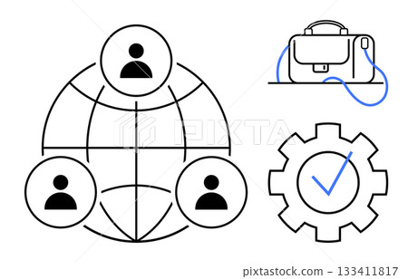 Icons of global team connectivity, briefcase, and gear with checkmark. Ideal for teamwork, business strategies, project management, global networking, efficiency optimization, productivity tools Icons of global team connectivity, briefcase, and gear with checkmark. Ideal for teamwork, business strategies, project management, global networking, efficiency optimization, productivity tools 133411817