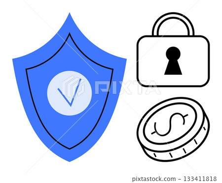 Blue shield with checkmark, black lock, and coin with dollar sign. Ideal for cybersecurity, finance, privacy, secure transactions, digital wallets. Line metaphor 133411818