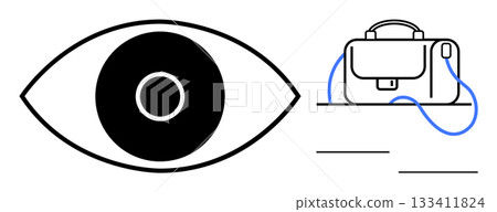 Eye icon beside a briefcase with handle and shoulder strap. Ideal for vision, observation, office work, surveillance, business travel, productivity, security themes. Line metaphor 133411824