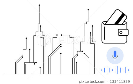 City skyline with circuit patterns, smart wallet holding a credit card, and a voice recognition icon. Ideal for smart cities, technology, fintech, digital payments, AI integration, mobile wallets City skyline with circuit patterns, smart wallet holding a credit card, and a voice recognition icon. Ideal for smart cities, technology, fintech, digital payments, AI integration, mobile wallets 133411829