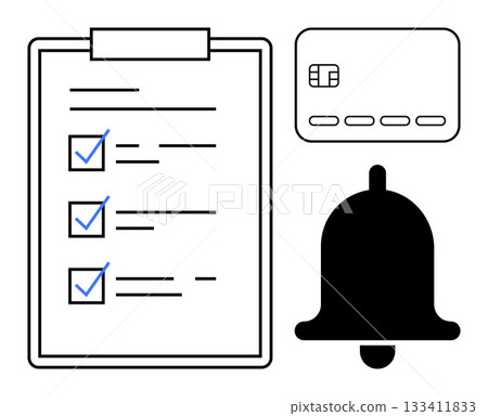 Clipboard with a checklist, credit card, and notification bell in black and white. Ideal for productivity, organization, task management, finance, reminders planning efficiency themes. Line Clipboard with a checklist, credit card, and notification bell in black and white. Ideal for productivity, organization, task management, finance, reminders planning efficiency themes. Line 133411833