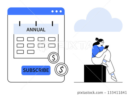 Calendar displaying annual subscription option with dollar sign icons. Figure on the right using a smartphone. Ideal for subscription services, online payments, digital marketing, e-commerce, SaaS Calendar displaying annual subscription option with dollar sign icons. Figure on the right using a smartphone. Ideal for subscription services, online payments, digital marketing, e-commerce, SaaS 133411841