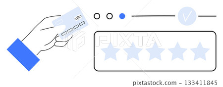 Hand holding a credit card, progress bar with three steps, and five-star rating. Ideal for business, customer feedback, e-commerce, online payment, user experience ratings product reviews. Line Hand holding a credit card, progress bar with three steps, and five-star rating. Ideal for business, customer feedback, e-commerce, online payment, user experience ratings product reviews. Line 133411845