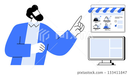 Businessman pointing at an online store interface with product icons next to a computer monitor. Ideal for e-commerce, online shopping, digital marketing, product display, business presentations, web Businessman pointing at an online store interface with product icons next to a computer monitor. Ideal for e-commerce, online shopping, digital marketing, product display, business presentations, web 133411847