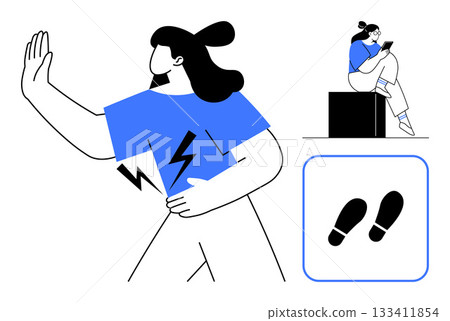Stressed person with stomach pain, relaxed person reading, and footprint icons. Ideal for healthcare, wellness, education, journey, mindfulness literature and fitness themes. Line metaphor 133411854
