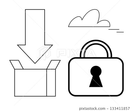 Open box receiving package indicated by downward arrow next to locked padlock and cloud. Ideal for packaging, delivery, security, storage, cloud services, online transactions, data protection. Line 133411857
