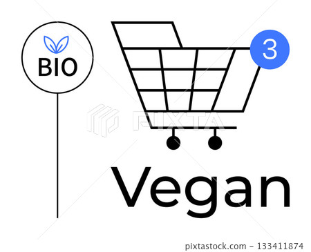 Shopping cart with three-item alert, bio label with leaf symbol, and Vegan text. Ideal for healthy living, veganism, organic products, eco-friendly lifestyle, sustainable choices, plant-based diets Shopping cart with three-item alert, bio label with leaf symbol, and Vegan text. Ideal for healthy living, veganism, organic products, eco-friendly lifestyle, sustainable choices, plant-based diets 133411874