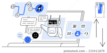 Robotic AI chatbot on a laptop communicating with users via message boxes, emoticons, and icons. Ideal for customer service, e-commerce, technical support, online shopping, user feedback, digital 133411879