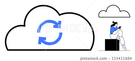 Large cloud with sync arrow icon, person using tablet, another smaller cloud. Ideal for cloud storage, data sync, technology, mobile access, remote work digital security. Modern line metaphor Large cloud with sync arrow icon, person using tablet, another smaller cloud. Ideal for cloud storage, data sync, technology, mobile access, remote work digital security. Modern line metaphor 133411884