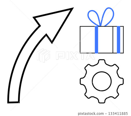 Black arrow curving upward, gift box with blue ribbon, and gear icon. Ideal for business growth, success, celebration, productivity, rewards innovation and mechanics. Line metaphor Black arrow curving upward, gift box with blue ribbon, and gear icon. Ideal for business growth, success, celebration, productivity, rewards innovation and mechanics. Line metaphor 133411885