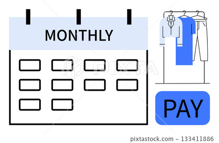 Monthly calendar with hanging clothes and PAY button representing automated clothing subscription service. Ideal for retail, fashion, subscription services, e-commerce, consumer finance, budgeting 133411886