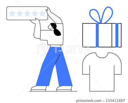 Person holding 5-star rating above head, gift box with ribbon, and T-shirt. Ideal for customer feedback, online reviews, e-commerce, consumer satisfaction, delivery services, product ratings Person holding 5-star rating above head, gift box with ribbon, and T-shirt. Ideal for customer feedback, online reviews, e-commerce, consumer satisfaction, delivery services, product ratings 133411887