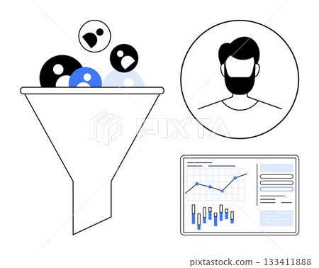 Funnel filtering customers, user profile with beard, data analytics chart with bar and line graphs. Ideal for sales, marketing, customer segmentation, lead generation, data analysis, business 133411888