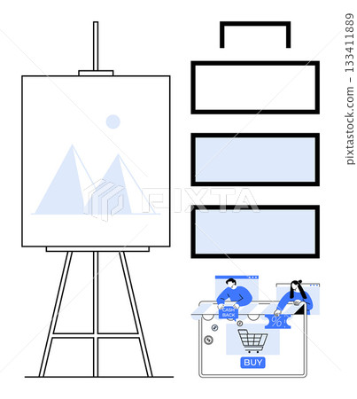 Easel with canvas displaying abstract art, adjacent to segmented timeline blocks lower section features e-commerce dashboard and online shopping actions. Ideal for creative presentations, business Easel with canvas displaying abstract art, adjacent to segmented timeline blocks lower section features e-commerce dashboard and online shopping actions. Ideal for creative presentations, business 133411889