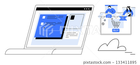 Laptop displaying webpage with text and image. Digital screen beside showing two people, cashback, and buy button. Ideal for e-commerce, digital marketing, online shopping, customer engagement, web 133411895