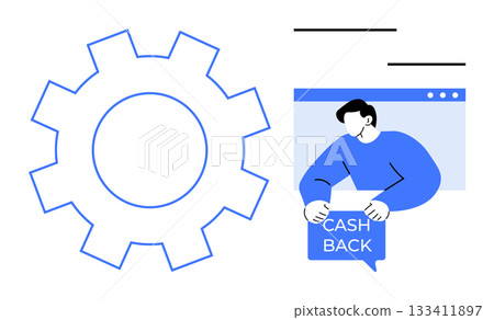 Gear symbol and person in browser window holding cashback sign. Ideal for e-commerce, digital marketing, financial services, technology plans, customer rewards. Simple vector style 133411897