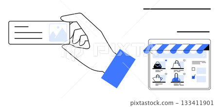 Hand holding a business card, online store interface with several items displayed, blue awning and lines above. Ideal for online businesses, e-commerce, entrepreneurship, networking, marketing 133411901