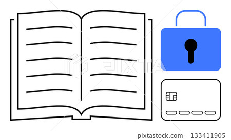Open book with horizontal lines signifying content, blue security lock with keyhole, and credit card emphasizing security, privacy, and access control. Ideal for education, technology, finance Open book with horizontal lines signifying content, blue security lock with keyhole, and credit card emphasizing security, privacy, and access control. Ideal for education, technology, finance 133411905