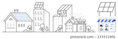 Solar panels on houses and skyscrapers highlighting renewable energy use. Digital marketplace for solar services. Ideal for sustainability, eco-friendly design, smart cities, green technology Solar panels on houses and skyscrapers highlighting renewable energy use. Digital marketplace for solar services. Ideal for sustainability, eco-friendly design, smart cities, green technology 133411906