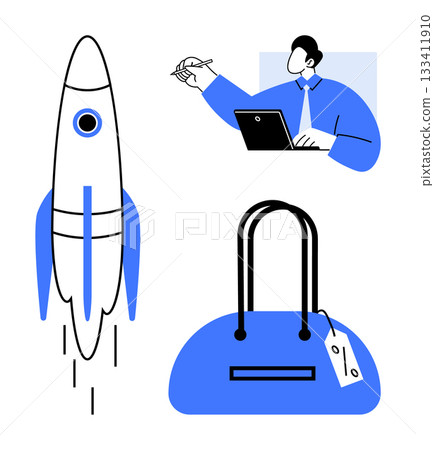 Businessman typing on laptop, a launched rocket, and a blue handbag with a tag. Ideal for business planning, entrepreneurship, e-commerce, innovation, startup growth, online shopping retail Businessman typing on laptop, a launched rocket, and a blue handbag with a tag. Ideal for business planning, entrepreneurship, e-commerce, innovation, startup growth, online shopping retail 133411910