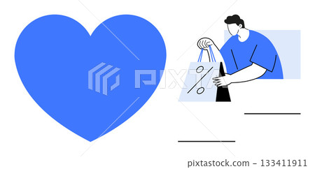Man holding a shopping bag with a percent sign, large blue heart next to him. Ideal for retail, e-commerce, discounts, promotions, sales, marketing customer engagement. Line metaphor 133411911