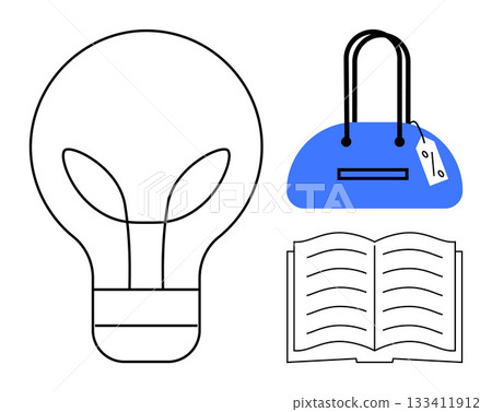Light bulb outline representing ideas, blue handbag with tag symbolizing fashion, and open book denoting knowledge. Ideal for creativity, innovation, fashion industry, education, retail, ideas 133411912