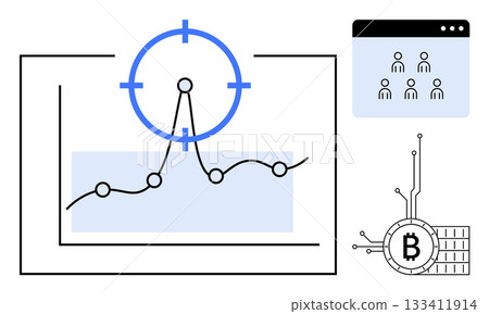 Graph with data points and focus circle, Bitcoin symbol with circuit board design below, user group window on the right. Ideal for cryptocurrency, data analytics, user engagement, technology Graph with data points and focus circle, Bitcoin symbol with circuit board design below, user group window on the right. Ideal for cryptocurrency, data analytics, user engagement, technology 133411914