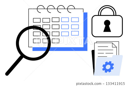 Magnifying glass, calendar, and lock symbolize data scrutiny and security documents and folder represent organization. Ideal for data management, cybersecurity, privacy awareness, office Magnifying glass, calendar, and lock symbolize data scrutiny and security documents and folder represent organization. Ideal for data management, cybersecurity, privacy awareness, office 133411915