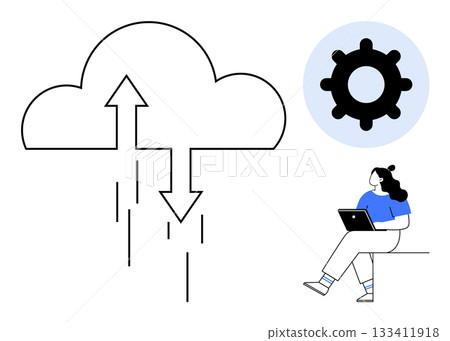 Cloud with arrows indicating data transfer, gear representing settings, user with laptop. Ideal for technology, cloud computing, data management, configuration, user interfaces, IT services, online 133411918