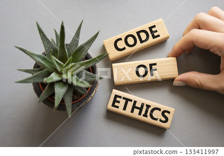 Code of ethics symbol. Concept words Code of ethics on wooden blocks. Businessman hand. Beautiful grey background with succulent plant. Business and Code of ethics concept. Copy space. 133411997