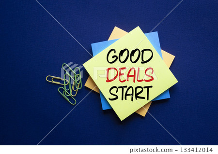 Good Deals Start symbol. Sticky Notes with words Good Deals Start. Beautiful deep blue background. Business and Good Deals Start concept. Copy space. 133412014