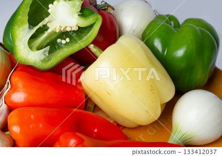 Fresh beautiful ripe organic vegetables at tray. close up Fresh beautiful ripe organic vegetables at tray. close up 133412037