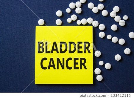 Bladder Cancer symbol. Concept word Bladder Cancer on yellow note. Beautiful deep blue background with pills. Medicine and Bladder Cancer concept. Copy space Bladder Cancer symbol. Concept word Bladder Cancer on yellow note. Beautiful deep blue background with pills. Medicine and Bladder Cancer concept. Copy space 133412115