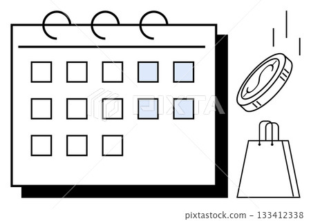 Calendar with marked dates, coin dropping, and shopping bag. Ideal for financial planning, budgeting, scheduling, retail sales, marketing campaigns event planning and time management. Line metaphor Calendar with marked dates, coin dropping, and shopping bag. Ideal for financial planning, budgeting, scheduling, retail sales, marketing campaigns event planning and time management. Line metaphor 133412338