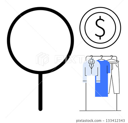 Magnifying glass with dollar coin and clothes on a rack. Ideal for online shopping, fashion industry, price comparison, retail business, financial analysis, consumer goods, e-commerce. Line metaphor Magnifying glass with dollar coin and clothes on a rack. Ideal for online shopping, fashion industry, price comparison, retail business, financial analysis, consumer goods, e-commerce. Line metaphor 133412343