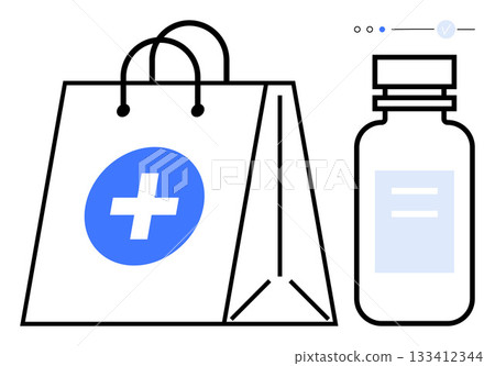 Pharmacy bag with cross symbol beside prescription bottle. Ideal for medical supply services, healthcare, pharmaceutical topics, hospital use, online pharmacy, medication storage, patient care. Line 133412344