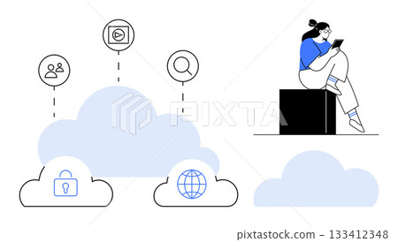 Woman using tablet while sitting on cube, surrounded by cloud icons with security, global access, communication, multimedia, and search elements. Ideal for digital, technology, security education 133412348
