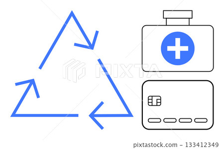 Recycling arrows form a triangle next to a first aid kit with a medical cross and a payment card. Ideal for healthcare, sustainability, ecology, finance, medical services, environmental conservation 133412349