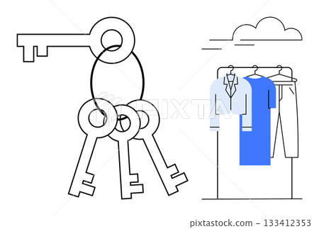 Set of four keys on a ring beside a clothing rack holding shirts, a jacket, and pants. Ideal for home security, fashion, organization, retail, key management shopping lifestyle. Line metaphor 133412353